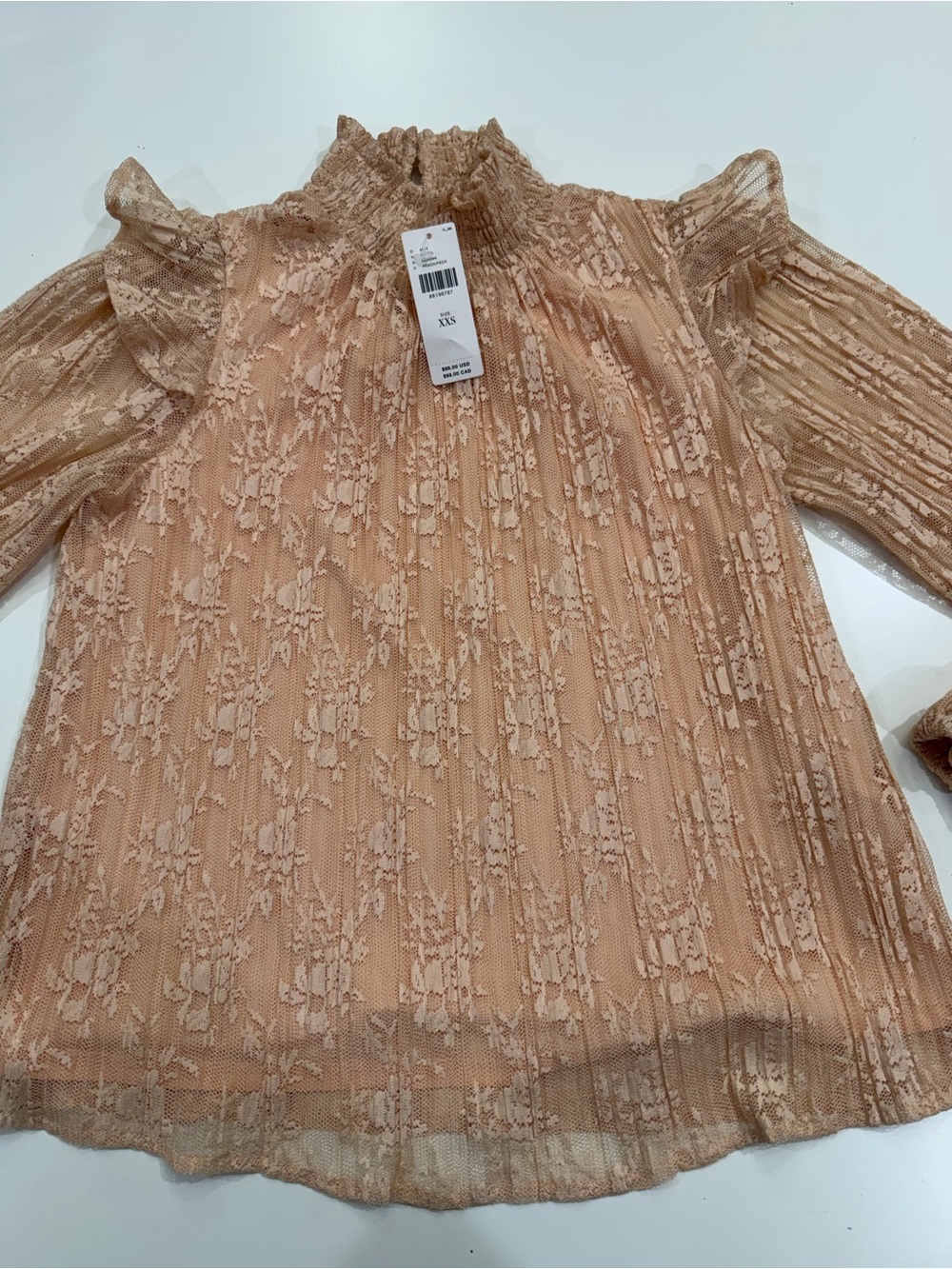 Anthropologie Blush Lace Ruffle-Neck Long-Sleeve Blouse